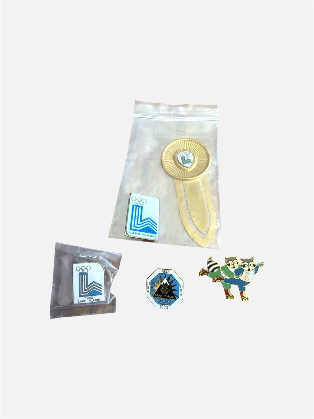 1980 Lake Placid Olympic 5pc Memorabilia Lot - Pins & Gold Bookmark